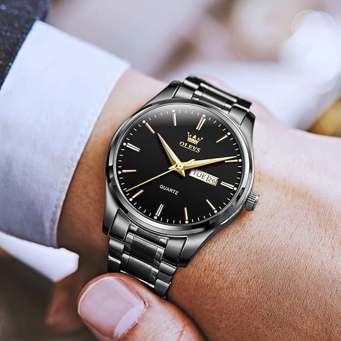 Men's Casual Stainless Steel Watch, Big Face Easy to Read Analog Quartz Watch with Day and Date, Classic Waterproof Diamond Roman Arabic Numerals Dial Dress Watch for Men, Gold Silver Black Band