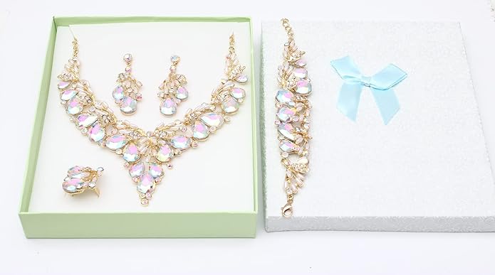 Jewelry Set for Women, Statement Necklace Dangle Earrings Bracelet Ring, White/KC Gold Plated Jewelry Set with Rhinestone Pearl Crystal Wedding Party Jewelry for Bridal Bridesmaid