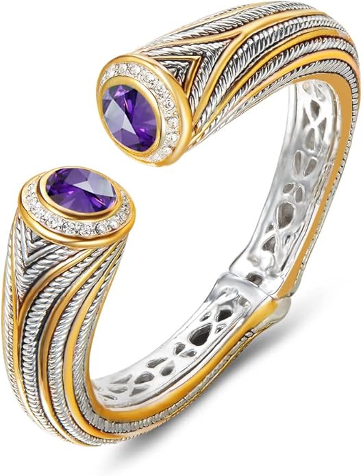 UNY JEWEL Jewelry Multi Strand Twisted Wire Cable Inlay 12mm CZ Vintage Antique Two Tone Elegant Designer Inspired Unique Spring Open Cuff Bangle