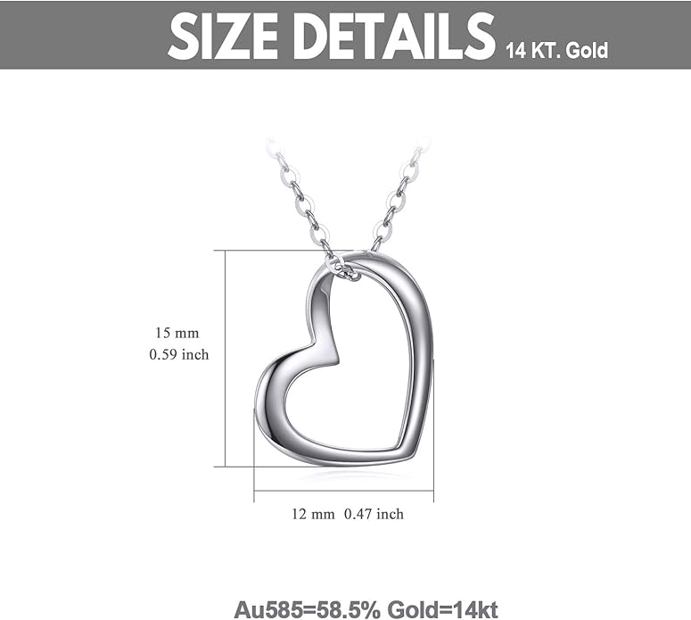 Solid 14k Gold Heart Necklace for Women, Fine Gold Love Jewelry Gifts for Wife/Mother/Girlfriend, Birthday Pesent for Her, 16+2 Inch