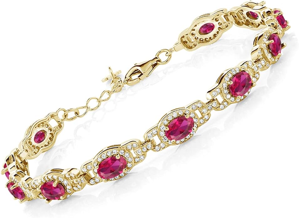 Gem Stone King 18K Yellow Gold Plated Silver Oval Gemstone Birthstone Tennis Bracelet For Women | Oval 6X4MM | 7 Inch With 1 Inch Extender | Fine Jewelry Gifts for Her Mom Women Wife
