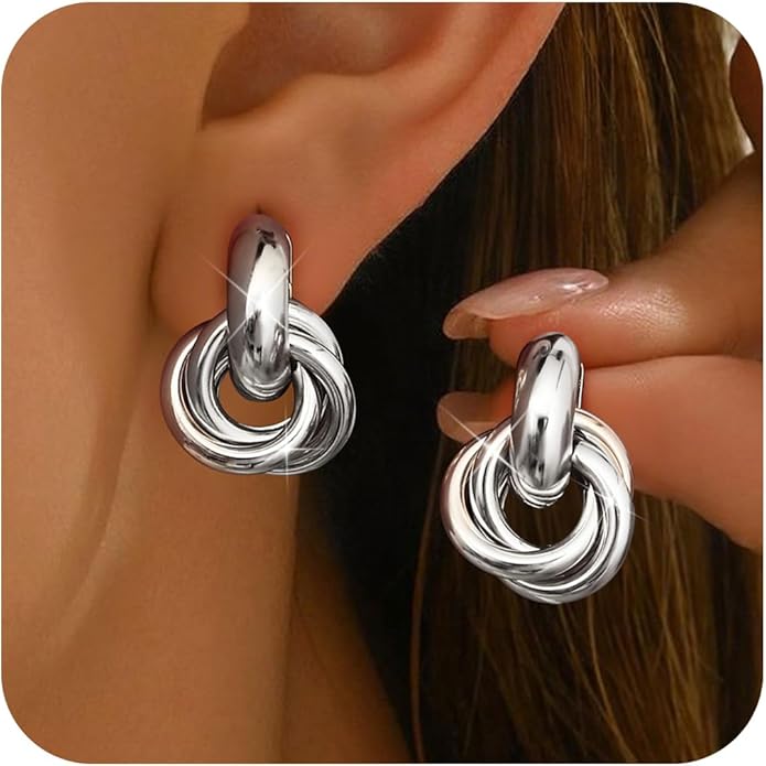 ORAZIO Chunky Gold Plated Knot Earrings for Womens Trendy 925 Silver Statement Lightweight Dangle Drop Hypoallergenic Large Geometric Stud Earring Jewelry for Women