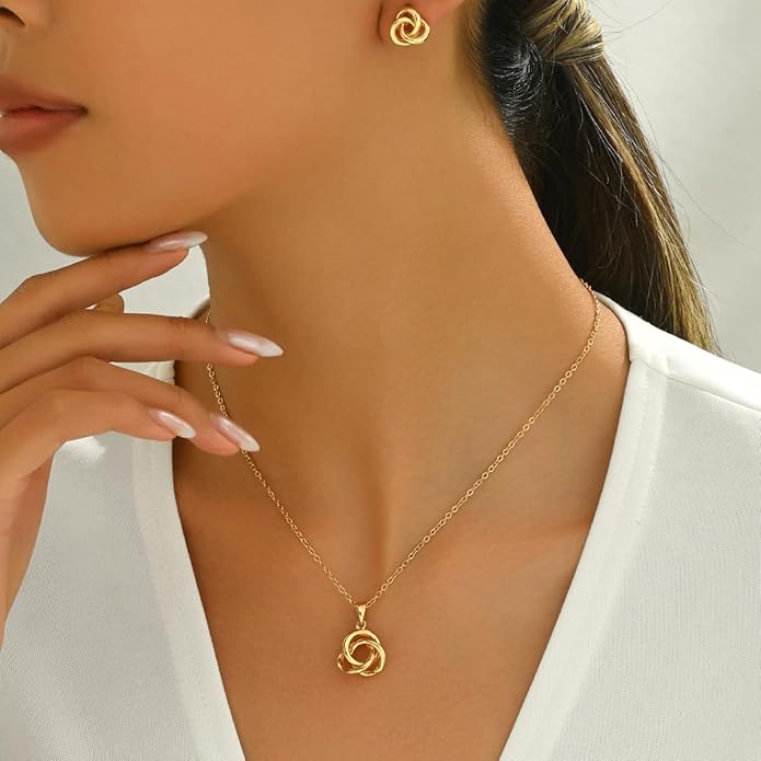 Hebelee Minimalist Love Knot Stud Earrings and Necklace Jewelry Set for Women Gold-Toned Simple Circle Knot Pendant Necklaces Adjustable Link Chain Dainty Studs Earring for Wedding Anniversary