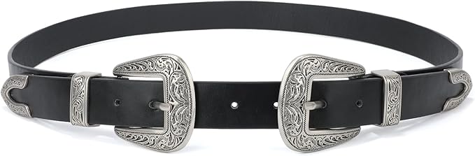 JASGOOD Double Buckle Western Belts For Woman Cowgirl Country Belt Vintage Black Leather Belt For Jeans Pants Dresses
