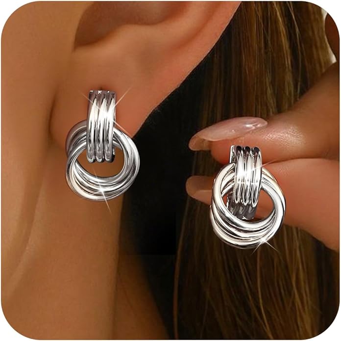 ORAZIO Chunky Gold Plated Knot Earrings for Womens Trendy 925 Silver Statement Lightweight Dangle Drop Hypoallergenic Large Geometric Stud Earring Jewelry for Women