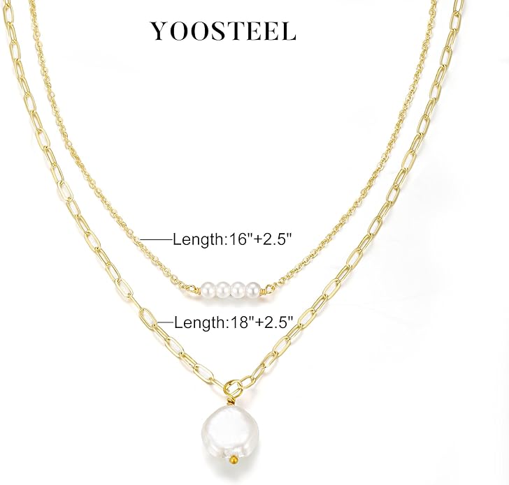 Yoosteel Pearl Necklace for Women - 14K Gold Plated Pearl Pendant Necklaces Minimalist Women Pearls Layered Necklace Dainty Trendy Bridal Bridesmaid Wedding Gifts for Her