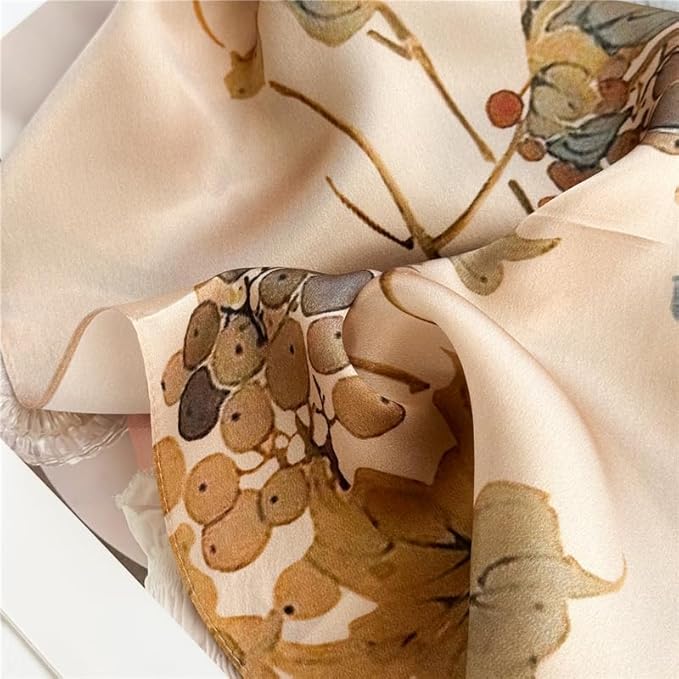 100% Mulberry Silk Scarfs for Women Floral Print Satin Long Scarf for Headscarf Hair Wraps Shawl with Gift Packed