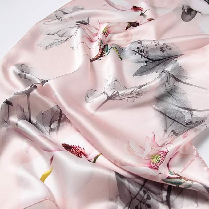 100% Mulberry Silk Scarfs for Women Floral Print Satin Long Scarf for Headscarf Hair Wraps Shawl with Gift Packed