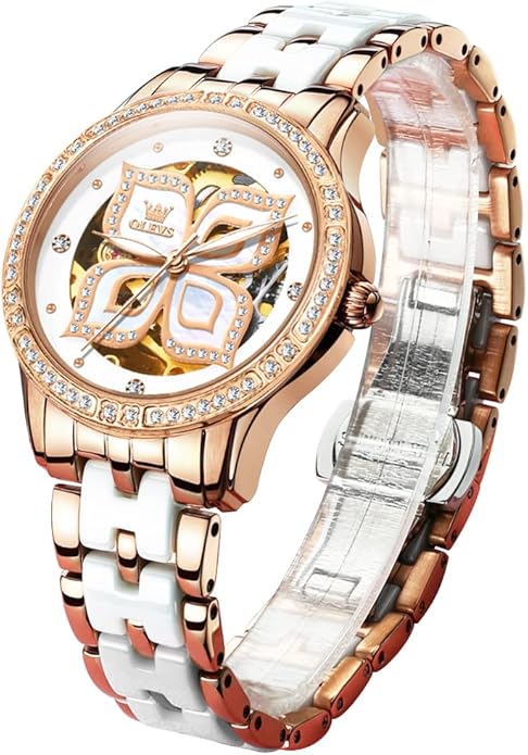 OLEVS Womens Automatic Watch, Premium Large Face Diamond Accented Self Winding Watches for Women, Fashion Waterproof Ladies Dress Watch, Two Tone Stainless Steel Ceramic Bracelet