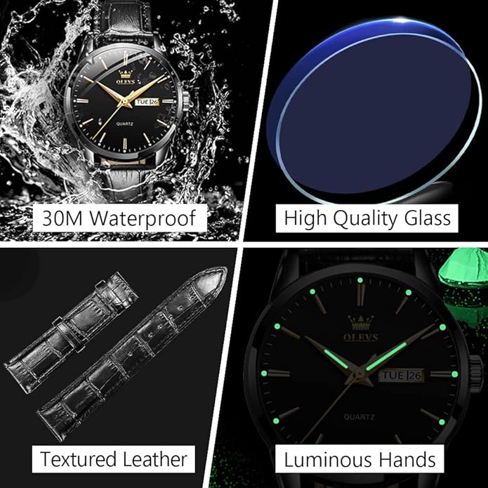 OLEVS Men's Simple Watch with Day and Date, Stainless Steel Analog Quartz Watches for Men, Classic Luminous Hands Men's Dress Watches, Black/White/Blue Dial