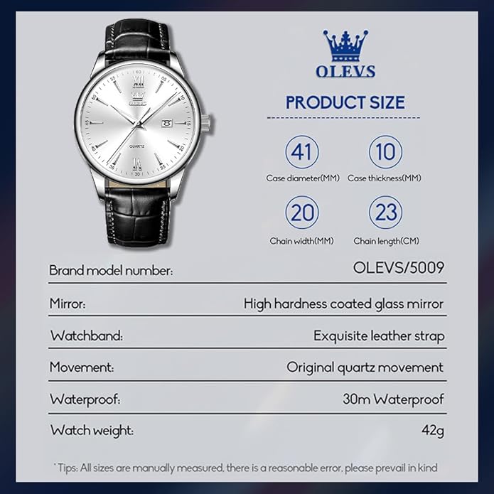 OLEVS Mens Watches Vintage Leather Band Dress Classic Easy Reader Arabic Numerals Analog Quartz Waterproof Date and Day Blue/Black/White Large Face Men's Wrist Watches