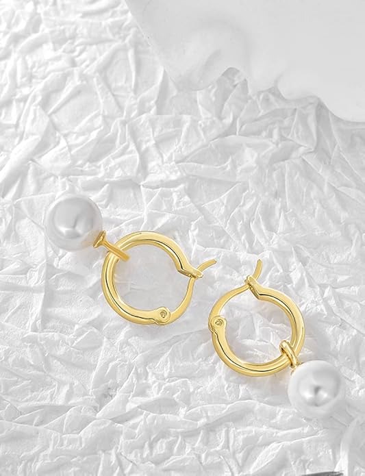 14K Gold/White Gold Plated Minimalist Pearl Hoop Earrings,Huggies Dangle Earrings Jewelry