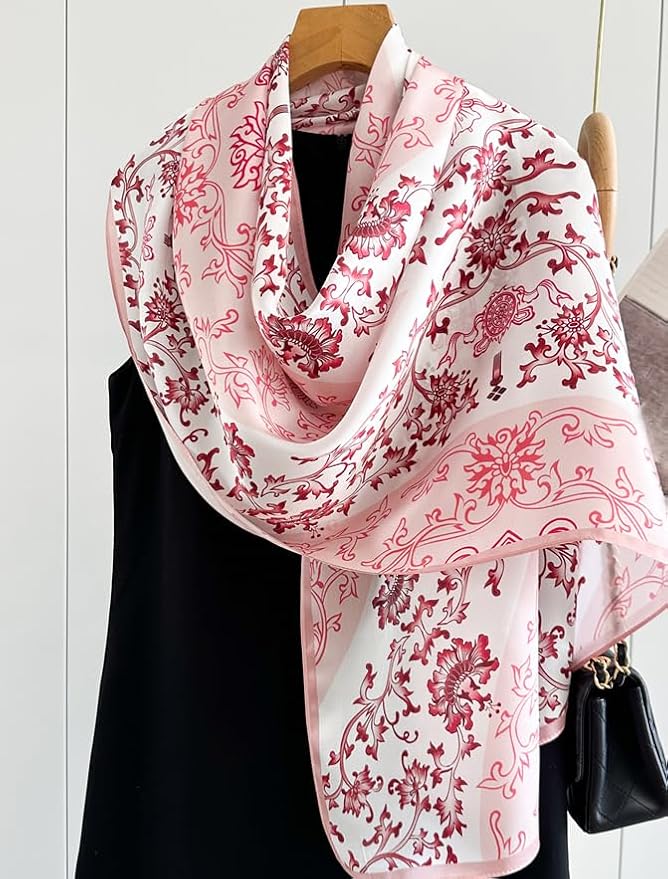 100% Mulberry Silk Scarfs for Women Floral Print Satin Long Scarf for Headscarf Hair Wraps Shawl with Gift Packed