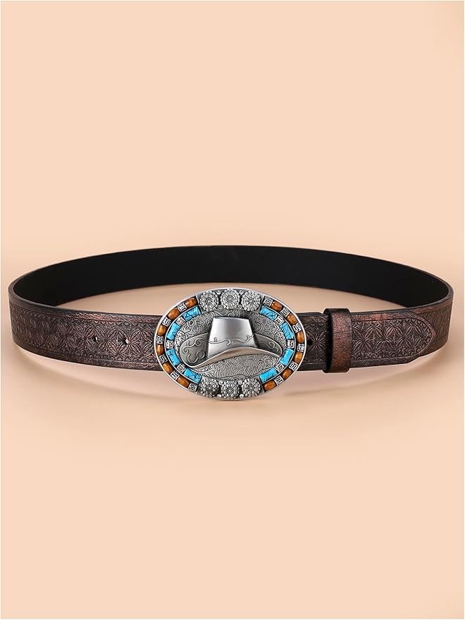 Women's Floral Embroidery Genuine Leather Belt Vintage Square Buckle