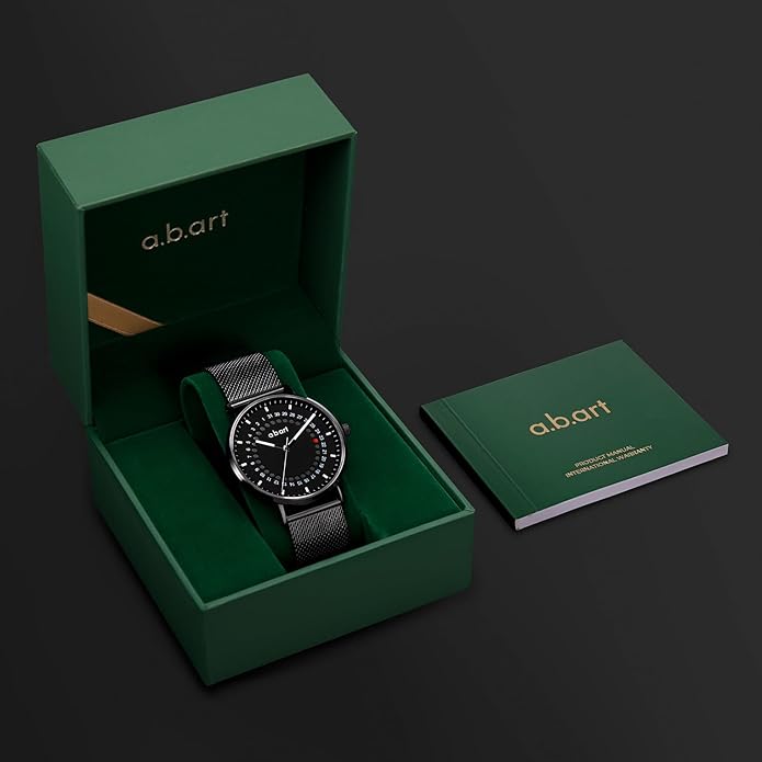 a.b.art Men's Quartz Watch, Swiss Parts Ronda Movement, Sapphire Crystal, Milanese Mesh Band, Ultra-Thin Design, 41mm Black Dial,Minimalist Bauhaus Style