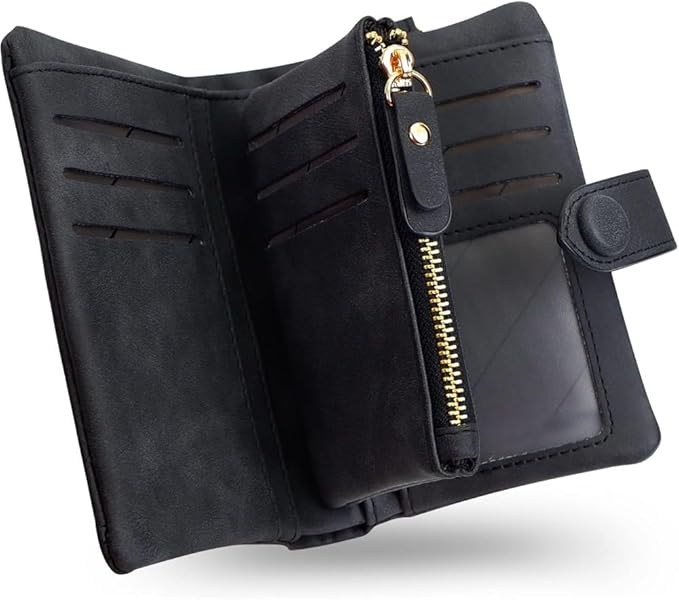 Women's Leather Wristlet Wallet, Bifold RFID Purse with ID Window, Zipper Coin Pocket for Daily Essentials (Black)