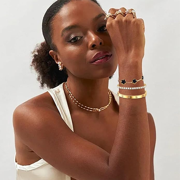 Gold Bracelets for Women-4Pcs/3Pcs,18K Gold Plated Bangle Tennis Bracelets Stack Set for Women Trendy Non Tarnish Stainless Steel Gold Bangles Accessories Designer Jewelry