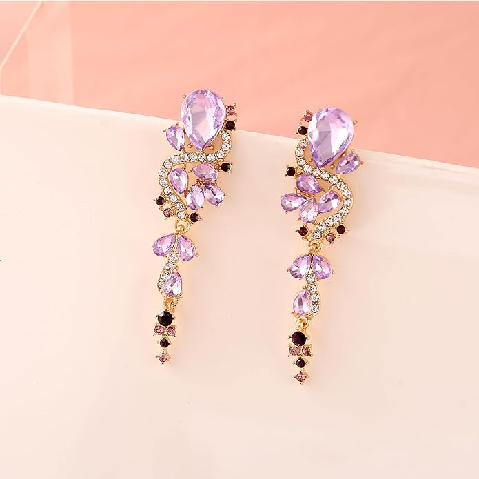 Fashion Rhinestone Statement Drop Dangle Earrings Long Colorful Crystal Bridal Wedding Teardrop Chandelier Earrings for Women Prom Pageant