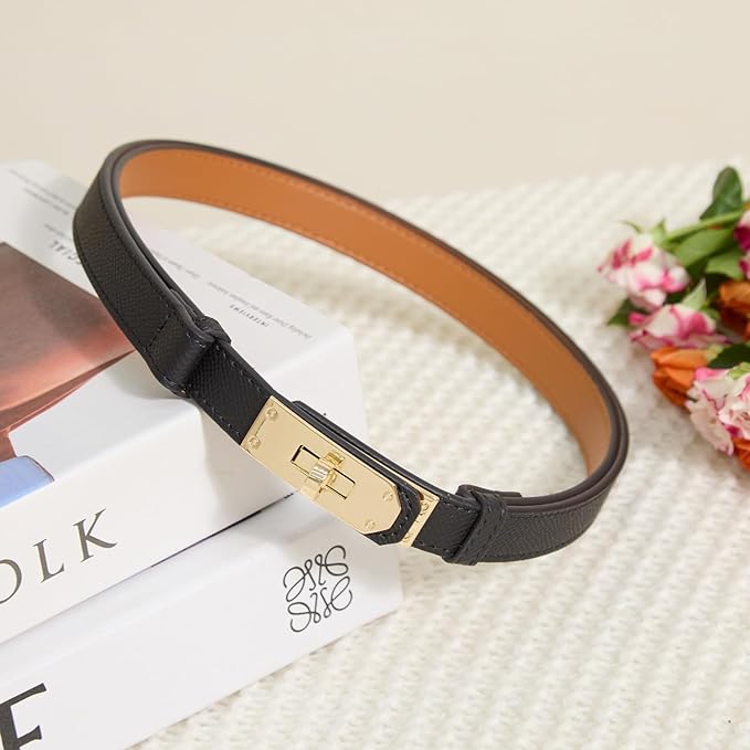 Skinny Leather Belts for Women with Adjustable Silver Turn-Lock Buckle for Dresses Jeans and Pants