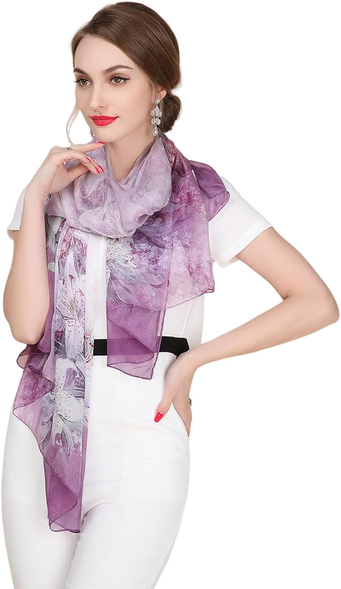 100% Mulberry Silk Women's Neck Silk Scarf-Lightweight Shawl,FLoral Print Beach Silk Wrap-Scarves for Photography