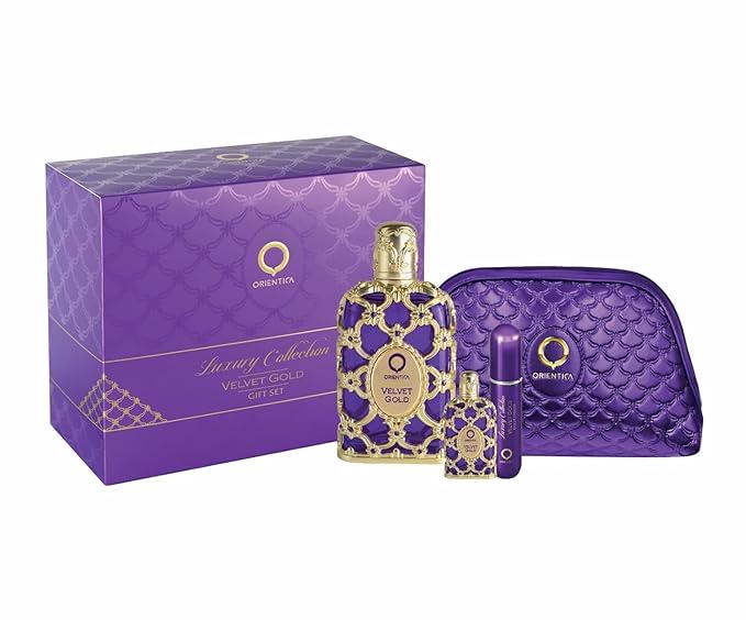 ORIENTICA Velvet Gold 4-Piece Gift Set Eau De Parfum - Vanilla, Bergamot, Gourmand, Caramel, Violet, Patchouli, Rose, Musk - Arabic Perfume for Men & Women - 2.7 Fl Oz + 0.33 Fl Oz + Atomizer + Bag