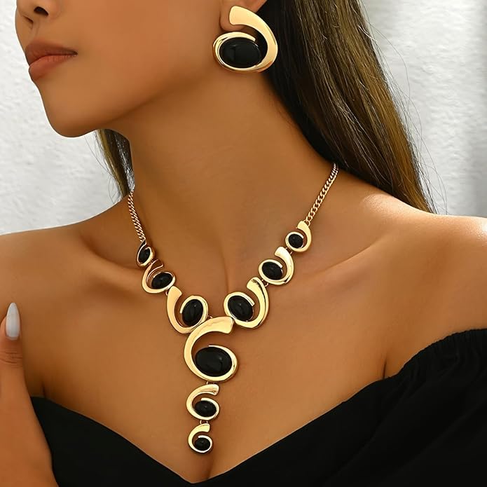 Statement Necklace Earrings Set, 2pcs Geometric Asymmetrical Hammered Texture Graduated Size Extra Long Pendant Necklace & Earrings Jewelry Gifts