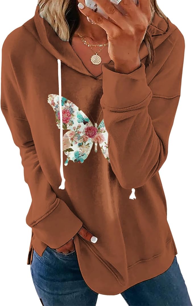 Women's Brown Mandala Print Hoodie Long Sleeve Loose Fit Tunic Top with Drawstring Side Split for Fall Winter