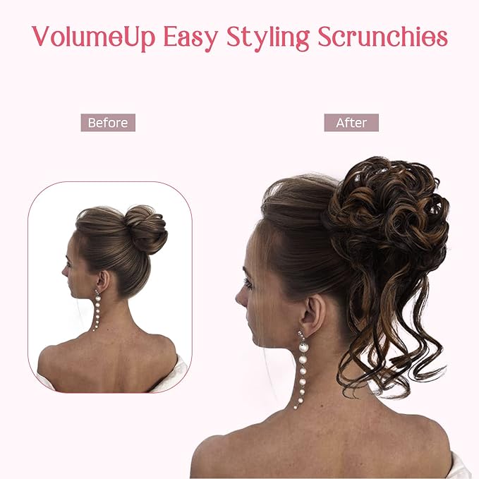 HOOJIH 2PCS Messy Bun Hair Piece, Tousled Updo with Tendrils Hair Bun Extensions Wavy Curly Hair Wrap Ponytail Hairpieces for Women HB010 Dasiy - Hazelnut Blonde with Platinum Blonde Highlights