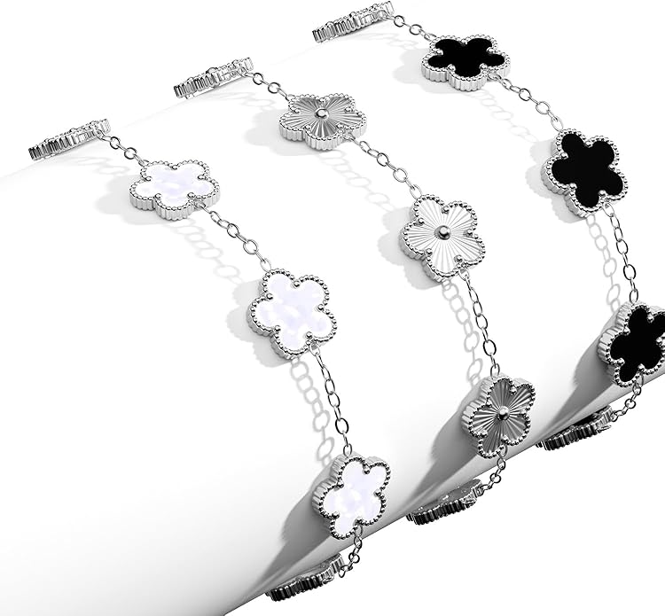 AICase 18K Gold Plated Clover Bracelet Dupes White/Black/Silver Bracelet Set for Women Flower Leaf Lucky Clover Bracelets Trendy Jewelry Birthday Gifts for Women/MoM/Daughter/Nana/Besties/Friends