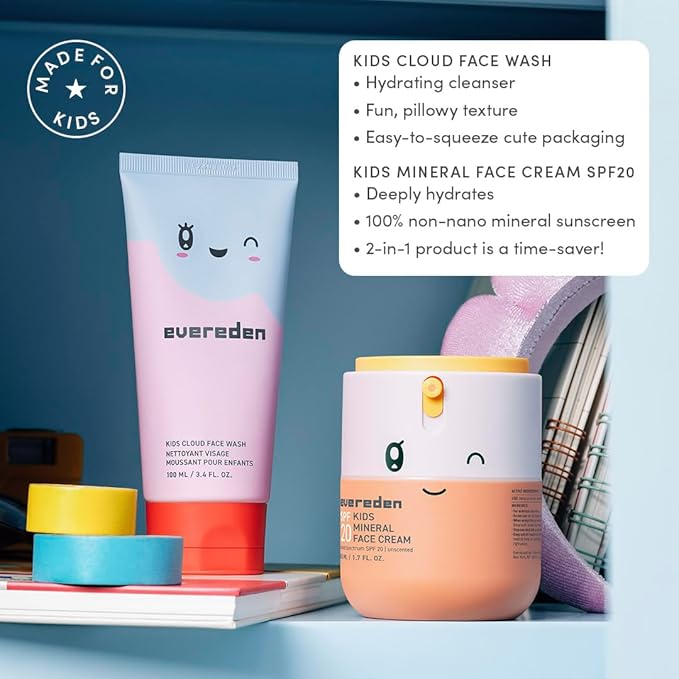 Evereden Kids Healthy Morning Duo Spa Headband for Girls: Clean & Vegan Skin Care Bundle | Cloud Face Wash + SPF 20 Mineral Face Cream | Non-Toxic | Easy-to-Use Skincare