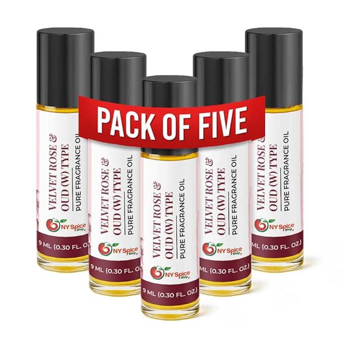 NY Spice Shop Velvet Rose & Oud W Type Musk Fragrance – Pack of 5 Velvet Roses Musk & Unisex Musky Scent – Rich Floral Aroma with Warm Wood Accord – Traditional Arabian Scent for Rose Lovers