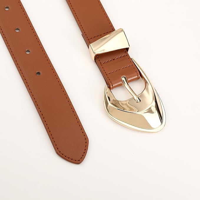 Women's Brown Belt Trend Belt with Gold Buckle Fashion Leather Waist Belt for Jeans Pants