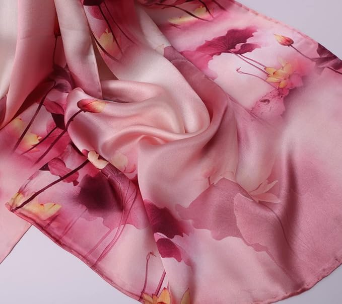100% Mulberry Silk Scarfs for Women Floral Print Satin Long Scarf for Headscarf Hair Wraps Shawl with Gift Packed