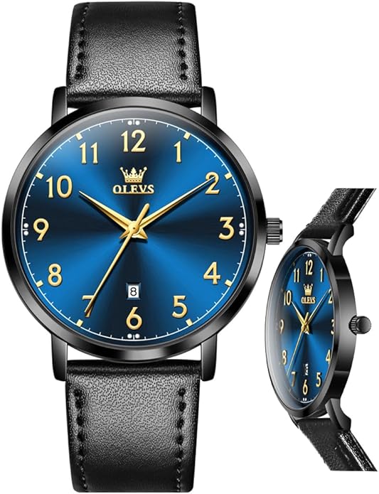 OLEVS Mens Watches, Casual Leather Watches for Men Easy to Read Quartz Number Watch with Date Waterproof Blue/Black/Silver Face Men's Wrist Watches…