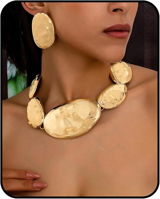 Statement Necklace Earrings Set, 2pcs Geometric Asymmetrical Hammered Texture Graduated Size Extra Long Pendant Necklace & Earrings Jewelry Gifts