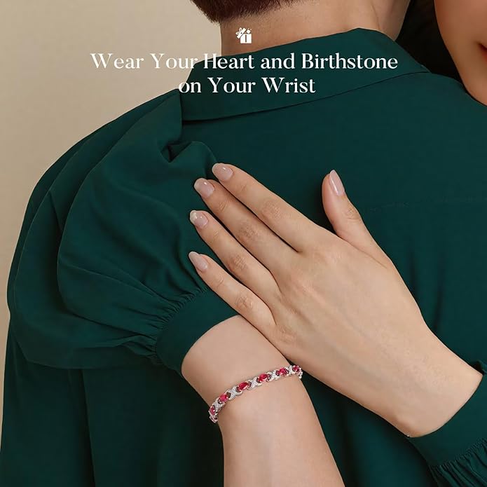 Iefil Oval Birthstone Tennis Bracelets for Women Wife, Unique X O Design Fine Jewelry Valentine's Day Gift Anniversary Birthday Gift 925 Sterling Silver Birthstone Jewelry for Mom Girlfriend Her