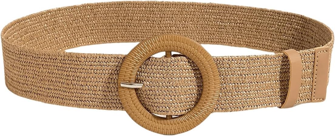 Verdusa Women's Western Belt Cowgirl Boho Straw Belts Round Buckle Elastic Waist Belt