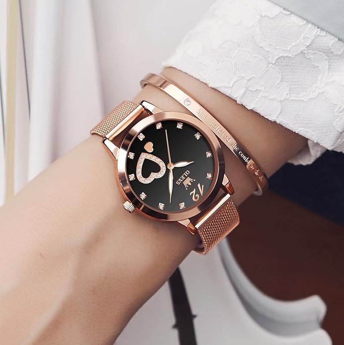 OLEVS Women's Small Wrist Rose Gold Tone Watch - Cute Diamond Heart Arabic Numerals Dial, Fashion Waterproof Mesh Bracelet Analog Dress for Ladies