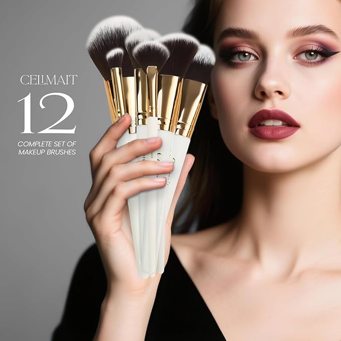 Makeup Brushes Set 12 Piece Professional & Beginner Friendly, Soft Synthetic Bristles for Face Eyeshadow Blending, Easy to Clean Travel Ready with Case, Ergonomic Wooden Handle (Dark White)