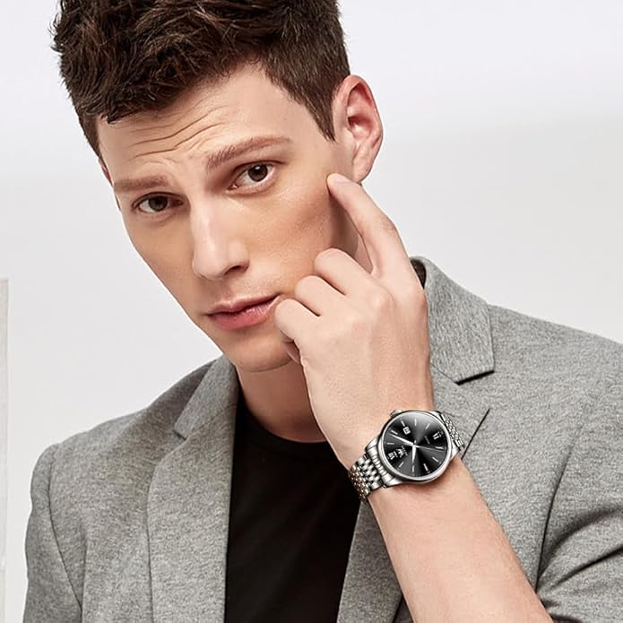 OLEVS Mens Watch Stainless Steel Analog Quartz Watches for Men Day Date Easy Read Diamond Waterproof Dress Luxury Classic Casual Big Face Blue/Black/Gold/Silver Roman Arabic Numerals Men's Wrist Watch