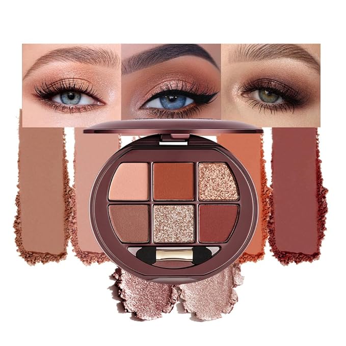 Matte Shimmer Glitter Mini Eyeshadow Palette – 6-Color Warm Caramel Rust Eye Shadow Kit, High Pigment Long-Lasting Waterproof Nude Brown Smokey Eyes Makeup Palette for Daily Wear & Soft Glam Looks