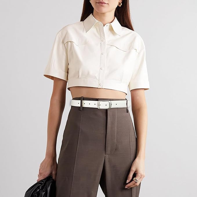 Womens White Belts with Gold Buckle Leather Belts for Women Ladies Fashion Waist Belt