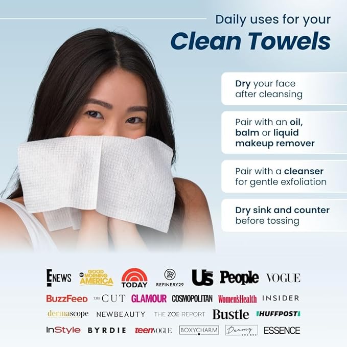 Clean Skin Club Clean Towels XL®, 100% USDA Biobased Face Towel, Disposable Face Towelette, Eczema Association Accepted, Makeup Remover Dry Wipes, Ultra Soft, 50 ct per pack, 2 Packs, 100 Ct Total