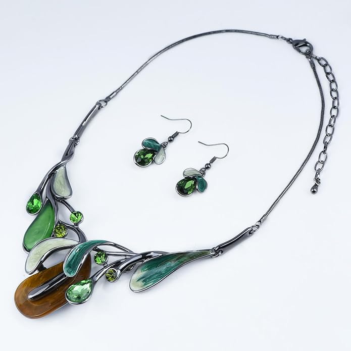 Vintage Statement Jewelry Set Leaf Floral Bohemian Boho Statement Necklace Earring Set Crystal Fashion Costume Jewelry