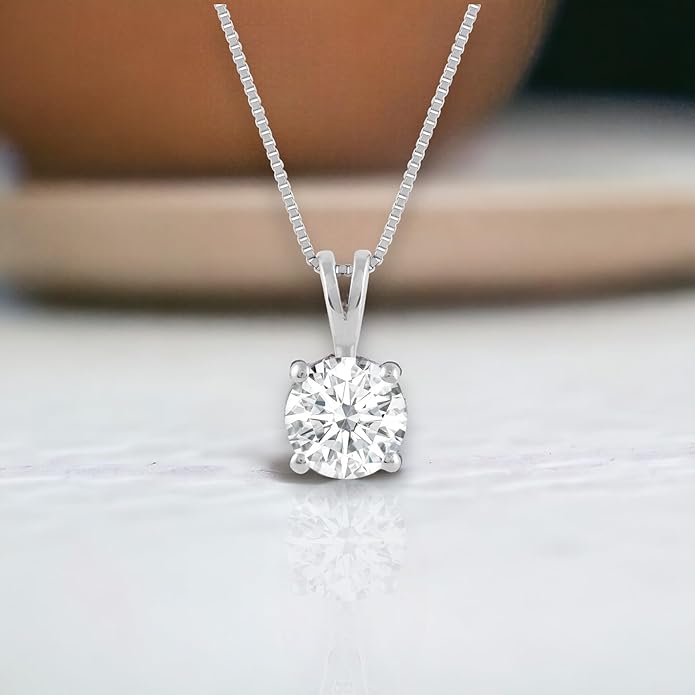 Everyday Elegance Solid 14K Gold Cubic Zirconia Solitaire Pendant Necklace for Women Heart, Princess, Round, Oval, Emerald, Pear & Cushion Cut 1 or 2 CTW | .60mm Thick 16" 18" Length Box Link Chain
