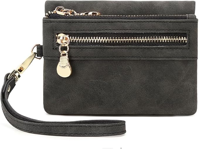 Women's Vintage Genuine Leather Handbag Wallet Dark Billfold Purse with Snap Closure for Daily Essentials (Black)