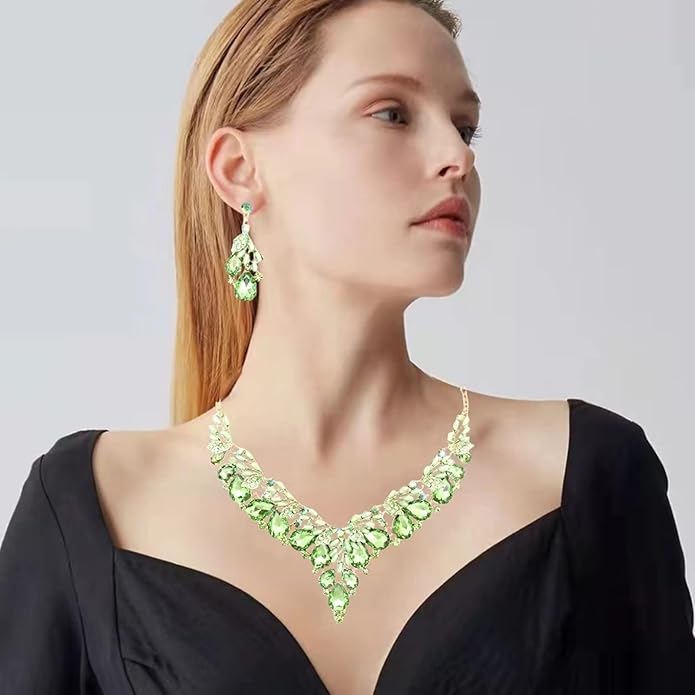 Jewelry Set for Women, Statement Necklace Dangle Earrings Bracelet Ring, White/KC Gold Plated Jewelry Set with Rhinestone Pearl Crystal Wedding Party Jewelry for Bridal Bridesmaid