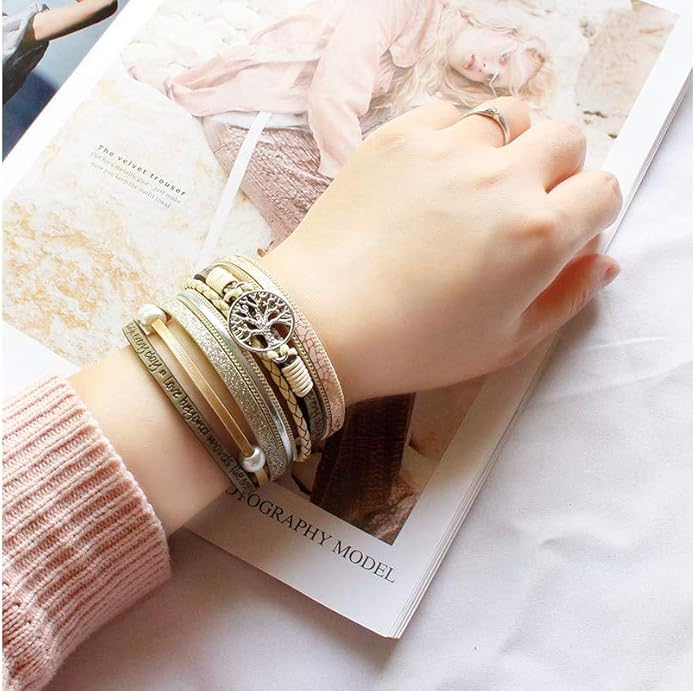 Fesciory Leopard Bracelet for Women, Boho Leather Wrap Multi-Layer Pearl Crystal Bracelet Bangle Jewelry