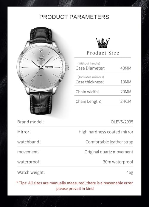 OLEVS Mens Watches, Casual Leather Watches for Men Easy to Read Quartz Number Watch with Date Waterproof Blue/Black/Silver Face Men's Wrist Watches…
