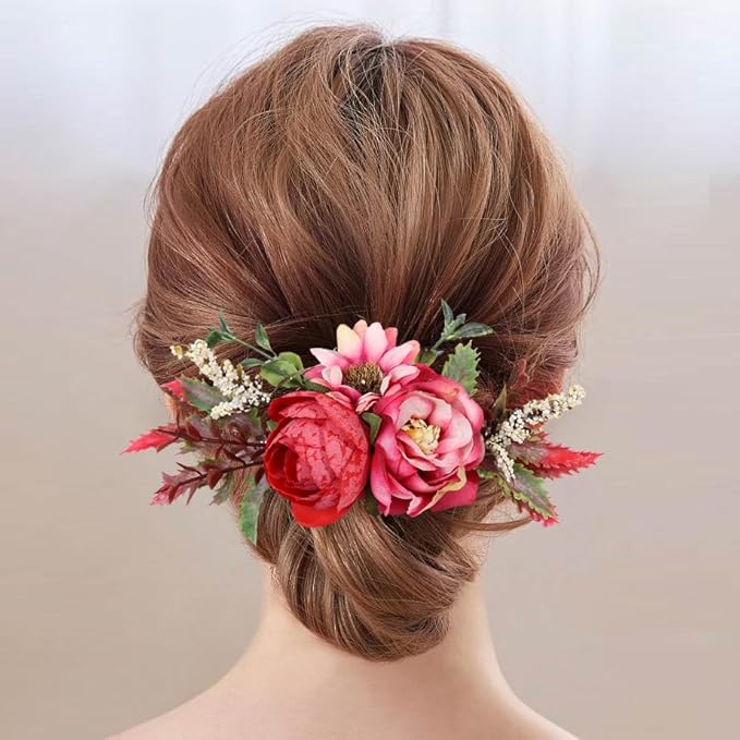 Flower Hair Clip for Women - Elegant Hair Accessory for Wedding, Party & Daily Wear (Burgundy)